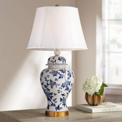 Barnes and Ivy Rose Vine 25" Blue White Ceramic Temple Jar Table Lamp - #4D609 | Lamps Plus | Lamps Plus