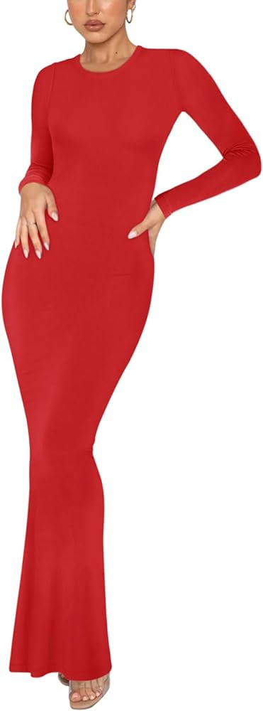 REORIA Women's Sexy Crew Neck Lounge Long Dress Elegant Long Sleeve Ribbed Bodycon Maxi Dresses | Amazon (US)