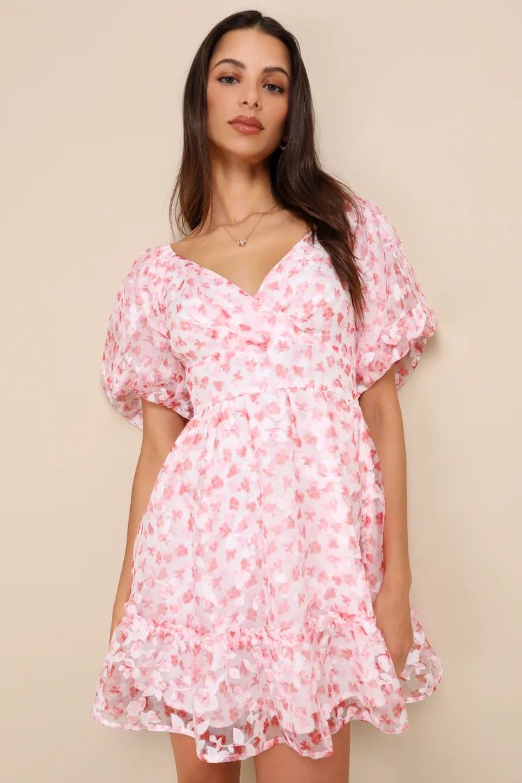 Airy Beauty Pink Floral Burnout Puff Sleeve Tiered Mini Dress | Lulus
