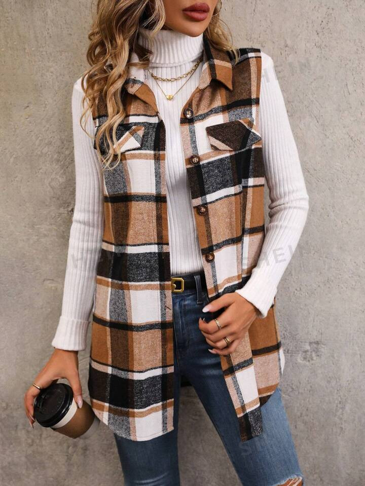 Plaid Print Flap Detail Sleeveless Coat | SHEIN