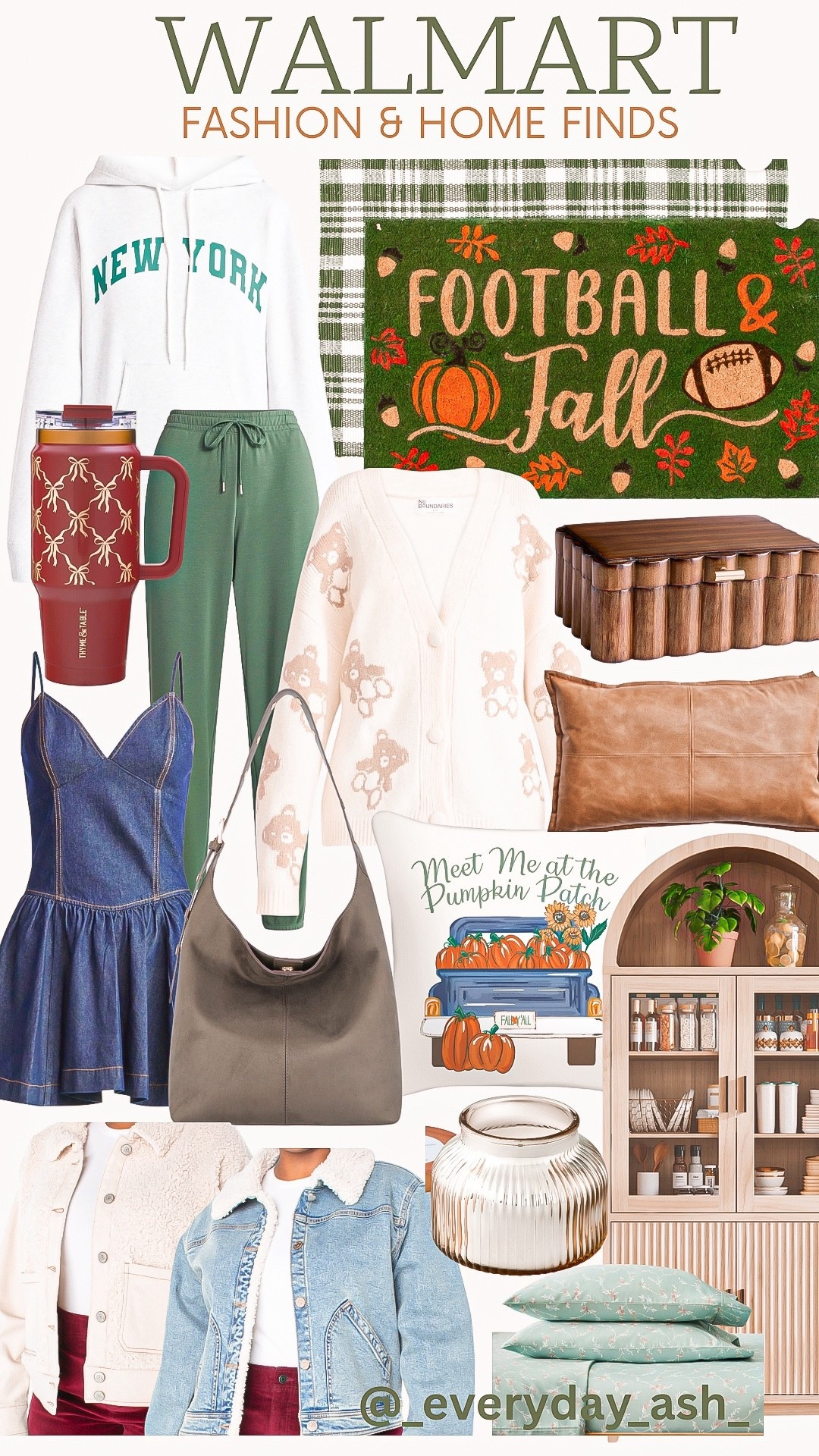 WALMART FINDS 🍂🍁

Walmart fashion, Walmart home finds, New York sweatshirt, sweatpants, welcome mat, fall decor, outdoor decor, home decor, wood storage box, water tumbler, bear sweater, jean dress, Walmart purse, fall purse, throw pillows, cabinet, candle, Sherpa jacket, Jean jacket , leather pillow 

#LTKSeasonal #LTKHome #LTKStyleTip