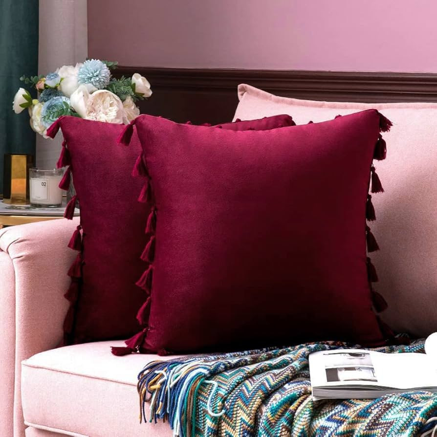 MIULEE Pack of 2 Velvet Soft Solid Decorative Throw Pillow Cover with Tassels Wine Red Fringe Boh... | Amazon (US)