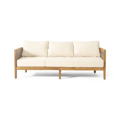 Burchett Outdoor Acacia Wood/Wicker Round 3 Seater Sofa with Cushions - Christopher Knight Home: Weather-Resistant Patio Furniture | Target