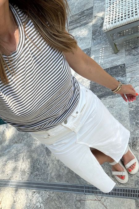 White denim skirt, madewell skirt, casual style, summer outfit, striped top 

#LTKFindsUnder50 #LTKFindsUnder100