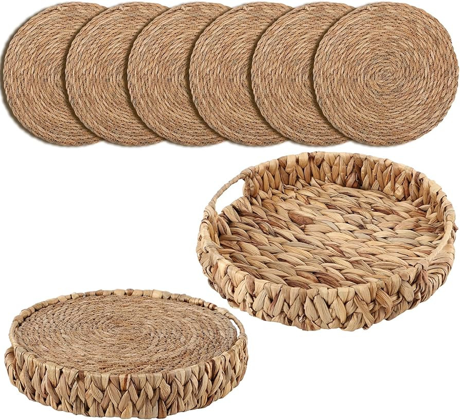 Cattail Woven Placemats Set of 6 and Storage Basket, 12 Inch Farmhouse Plate Chargers Set with Ra... | Amazon (US)