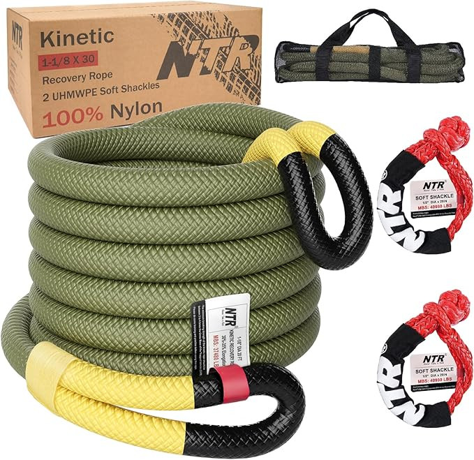 NTR 1-1/8" x 30' Kinetic Recovery Tow Rope (37,480lbs), with 2 UHMWPE Soft Shackles (40,980lbs), ... | Amazon (US)