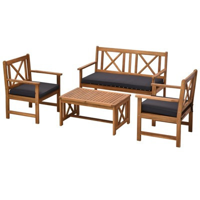 Outsunny 4 Piece Acacia Wood Outdoor Patio Furniture Set with 2 Armchairs, 1 Sofa, & 1 Coffee Table, Cushions Included | Target
