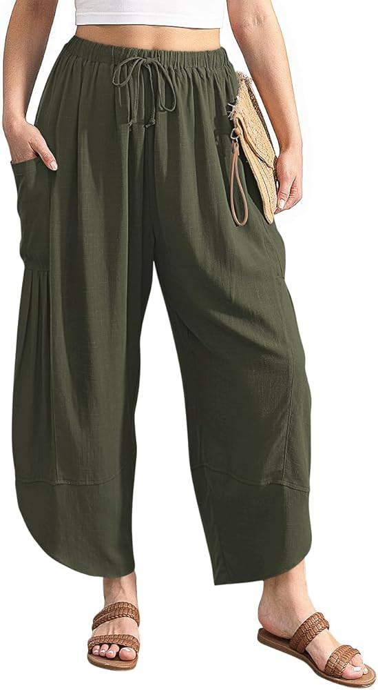 TARSE Women's Linen Harem Pants Casual Loose Drawstring Elastic Waist Summer Beach Travel Vacatio... | Amazon (US)