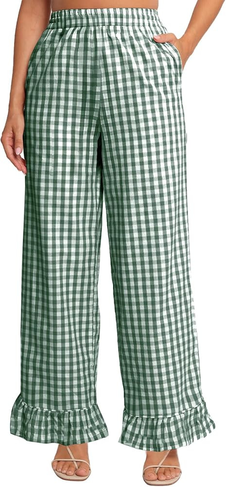 Flygo Women's Gingham Pants Y2K Cotton Wide Leg Ruffle Hem Lounge Pants Plaid Elastic Wasited Tro... | Amazon (US)