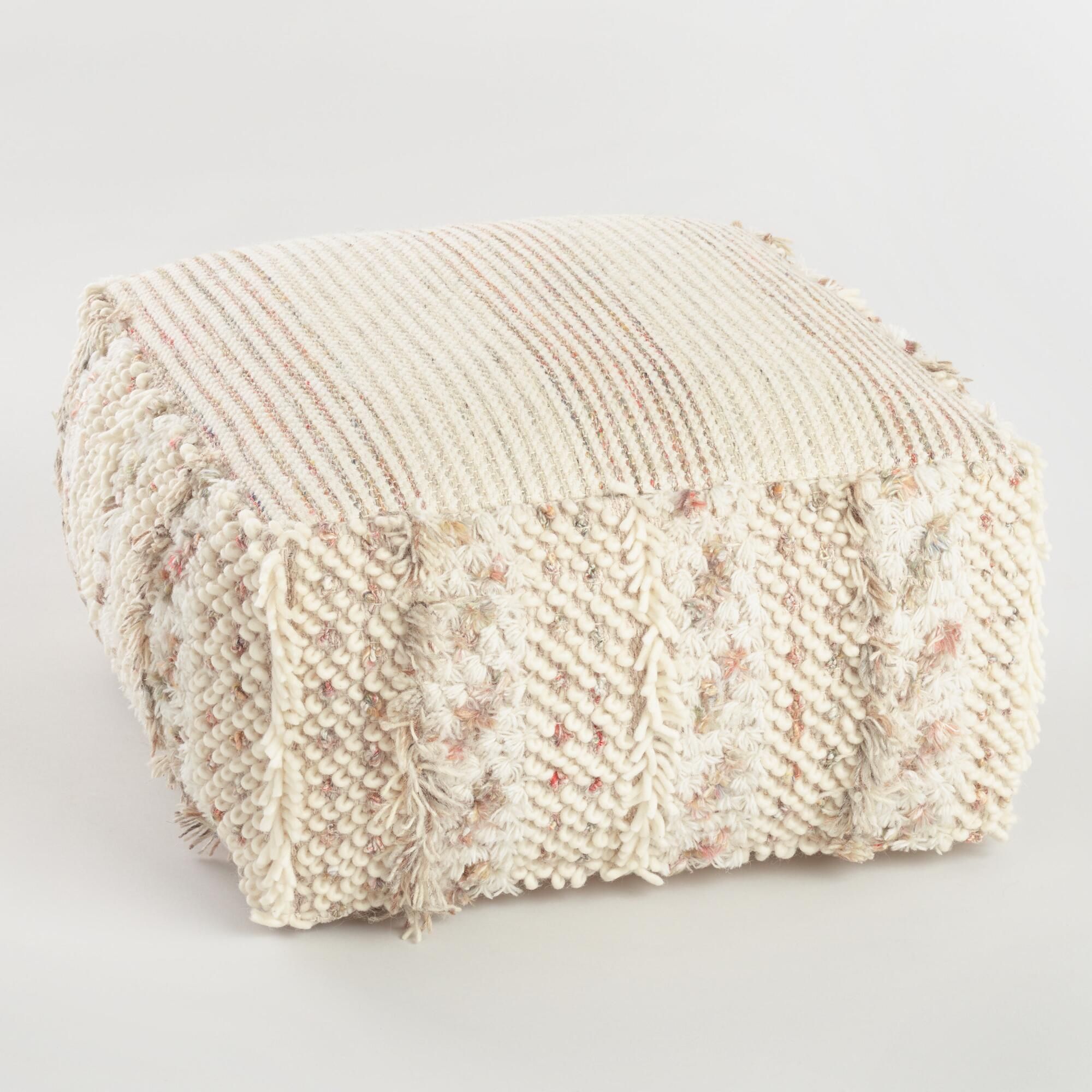 Neutral Stripe Boho Shag Pouf: White by World Market | World Market