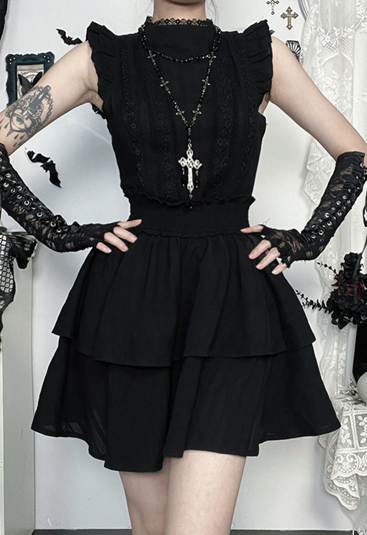 Tiered Ruffle Lace Decor Cotton Mini Dress | Chicwish