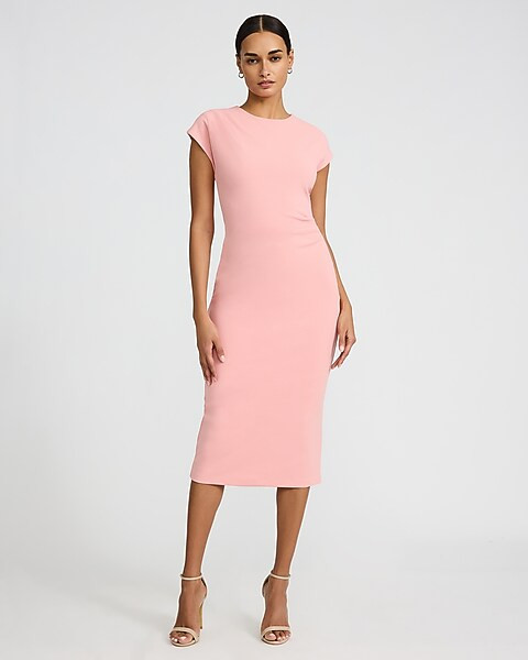 Crepe Crew Neck Cap Sleeve Ruched Midi Sheath Dress | Express