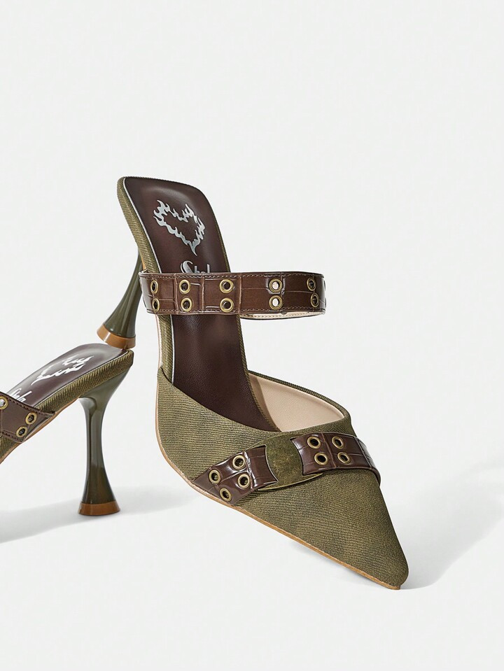 CUCCOO SZL Olive Green Pu Vintage Women's Pointed High Heel Fashion Pump Shoes For Summer Graduat... | SHEIN