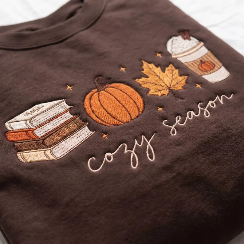 Embroidered Cozy Season Sweatshirt, Fall Pumpkin Latte Book Lover Crewneck Gift | Etsy (Global)
