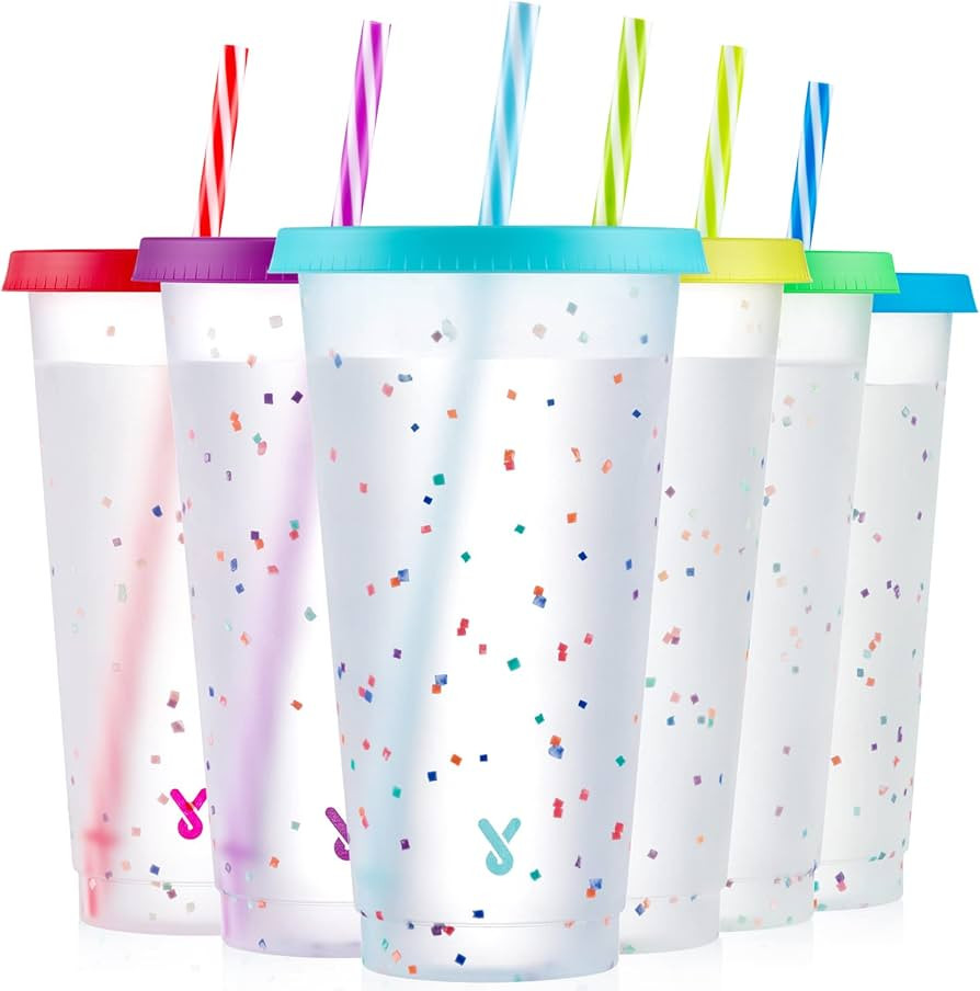 Meoky Confetti Color Changing Cups with Lids and Straws for Iced Coffee, Party, Pool - 6 Pack 24o... | Amazon (US)