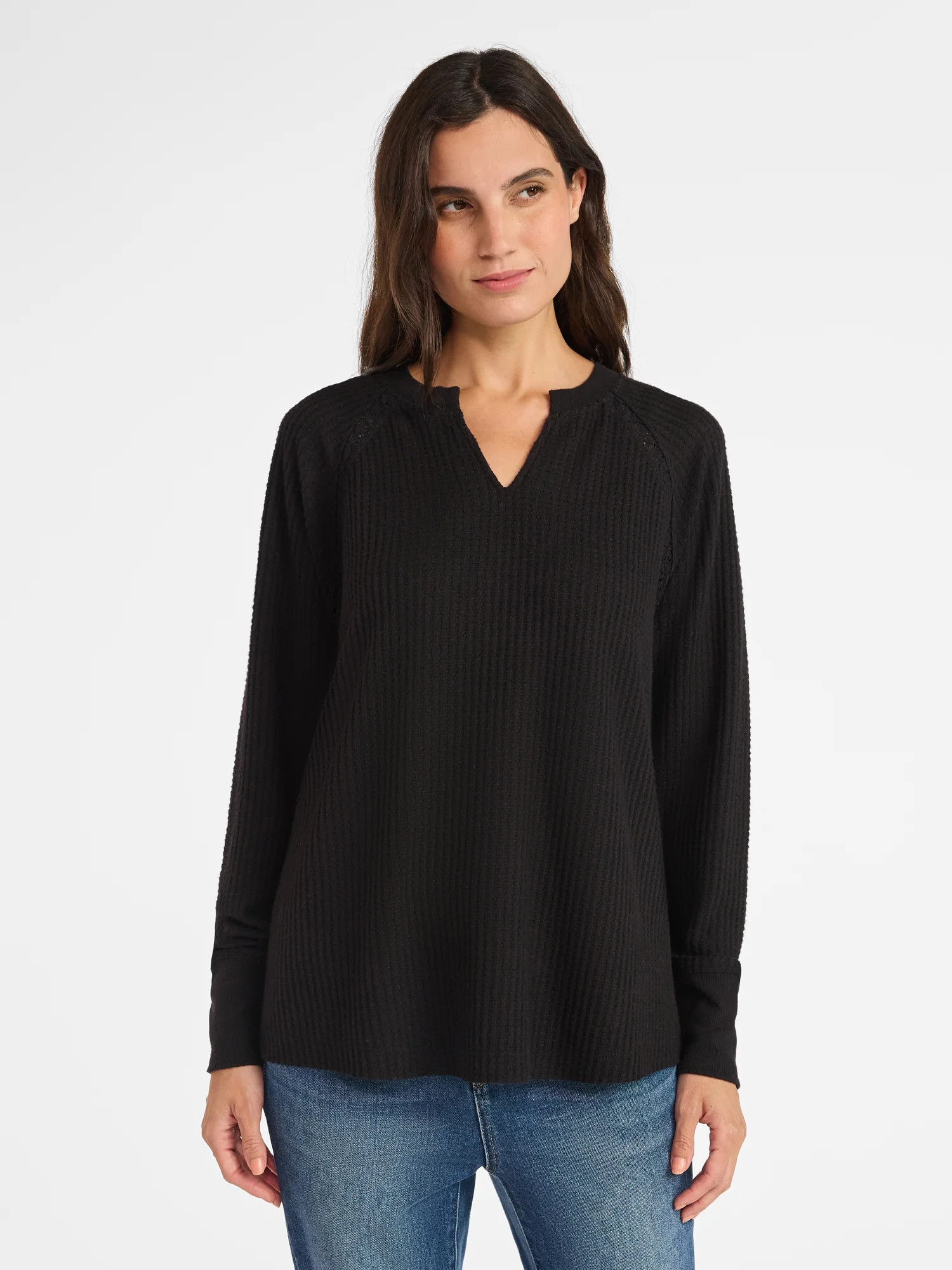 Time and Tru Women’s Notch Neck Waffle Top with Long Sleeves, Size XS-XXXL | Walmart (US)