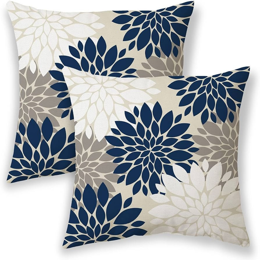 Navy Blue White Pillow Covers 18x18 Set of 2, Gray Abstract Dahlia Farmhouse Decorations Throw Pi... | Amazon (US)