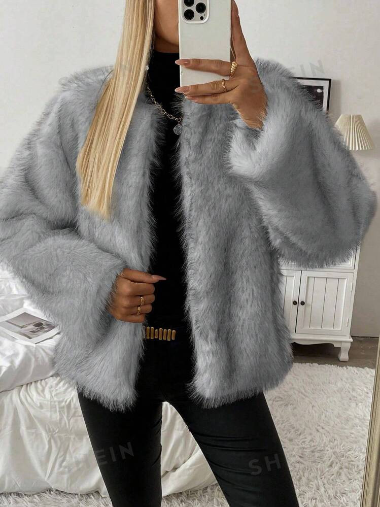 SHEIN Frenchy Autumn/Winter Fashionable Fluffy Jacket (Artificial Fur) | SHEIN