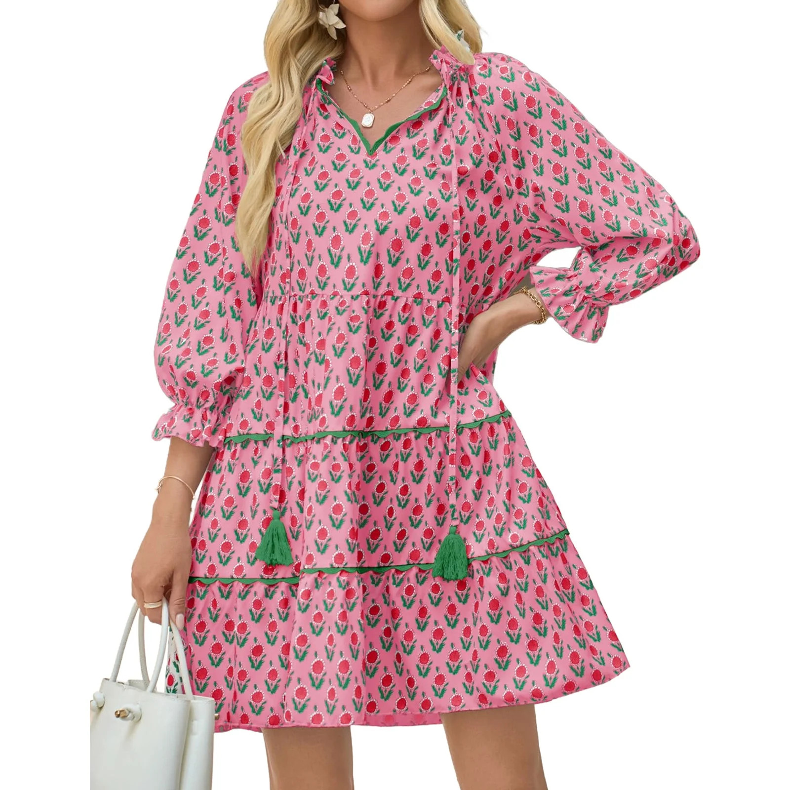 Floral Print Loose Long Sleeved Women V-neck Ruffle Tassel Mini Dress | Walmart (US)