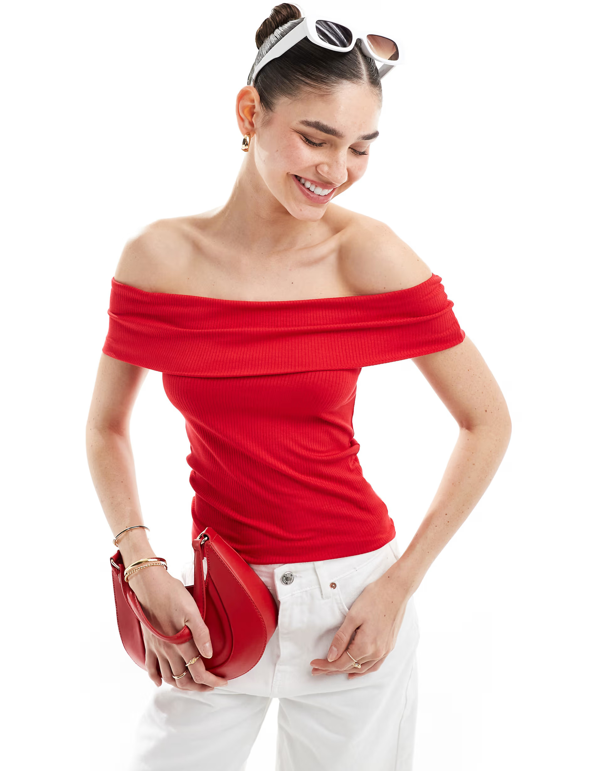 Stradivarius fold over seamless bardot top in red | ASOS | ASOS (Global)