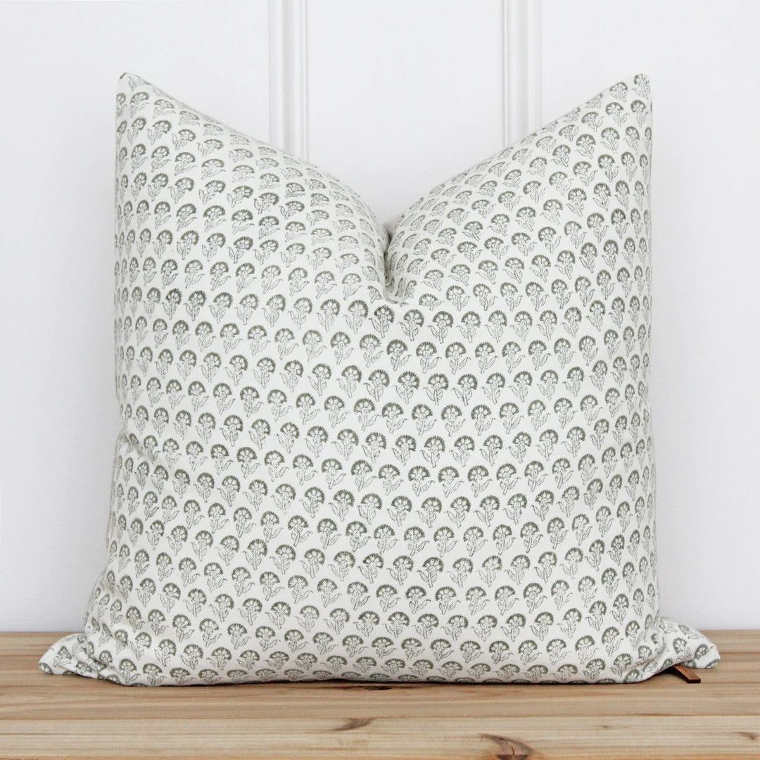 Floral Hand Block Botanical Pillow Cover  Green Floral Pillow - Etsy | Etsy (US)