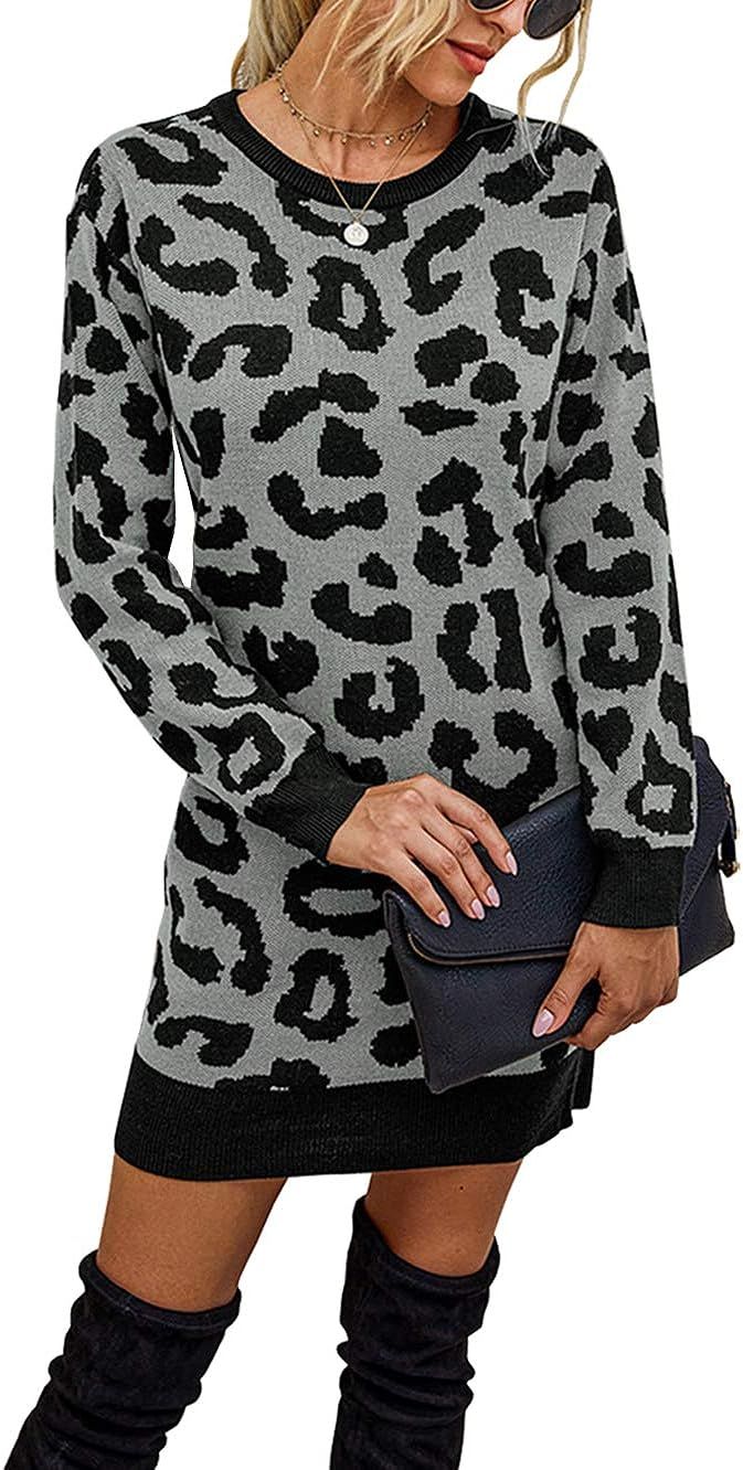 KIRUNDO Women’s 2021 Winter Long Sleeves Mini Sweater Dress Leopard Plaid Print Crew Neck Overs... | Amazon (US)