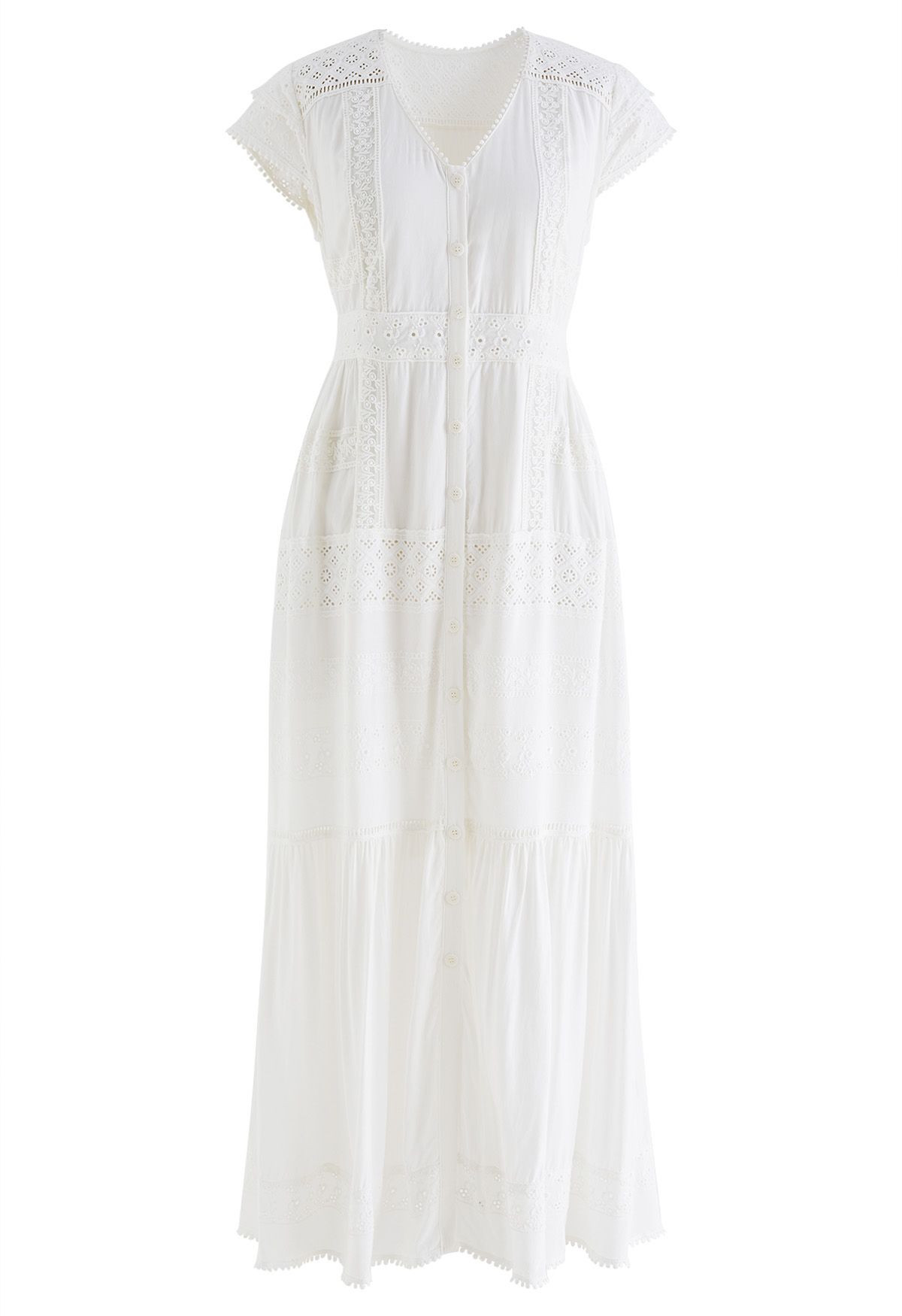 Eyelet Embroidery Panelled Button Down Dress | Chicwish