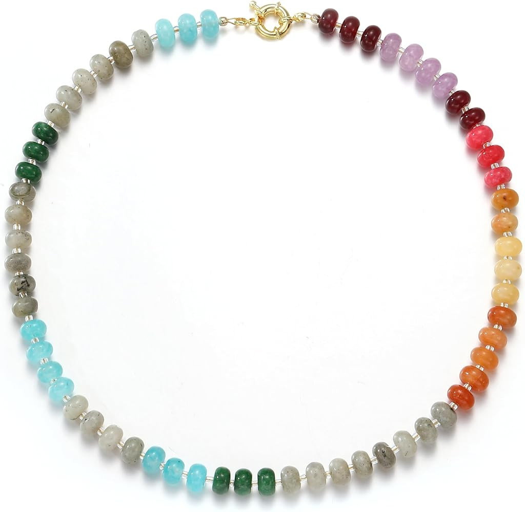 Beaded Gemstone Necklaces for Women, Bohemian Colored Choker Natural Stone Bead Decoration Summer... | Amazon (US)