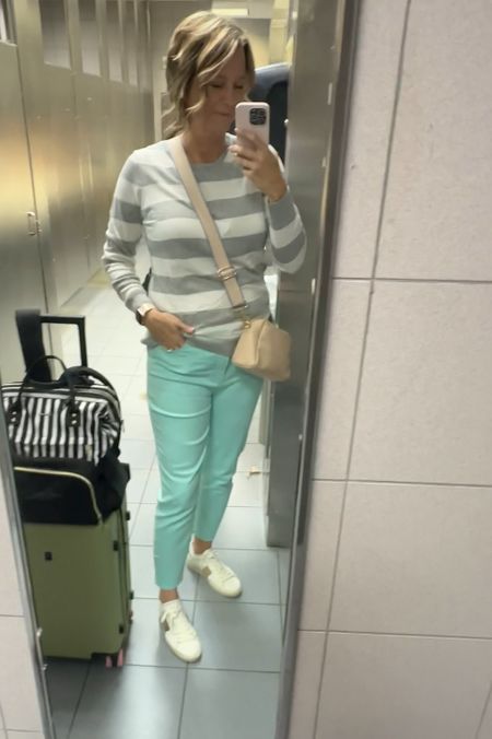 Layer or wear this thin sweater for the airplane, travel outfit, striped sweater, mint denim, airport outfit, airport style, over 40 style

#LTKshoecrush #LTKtravel #LTKover40