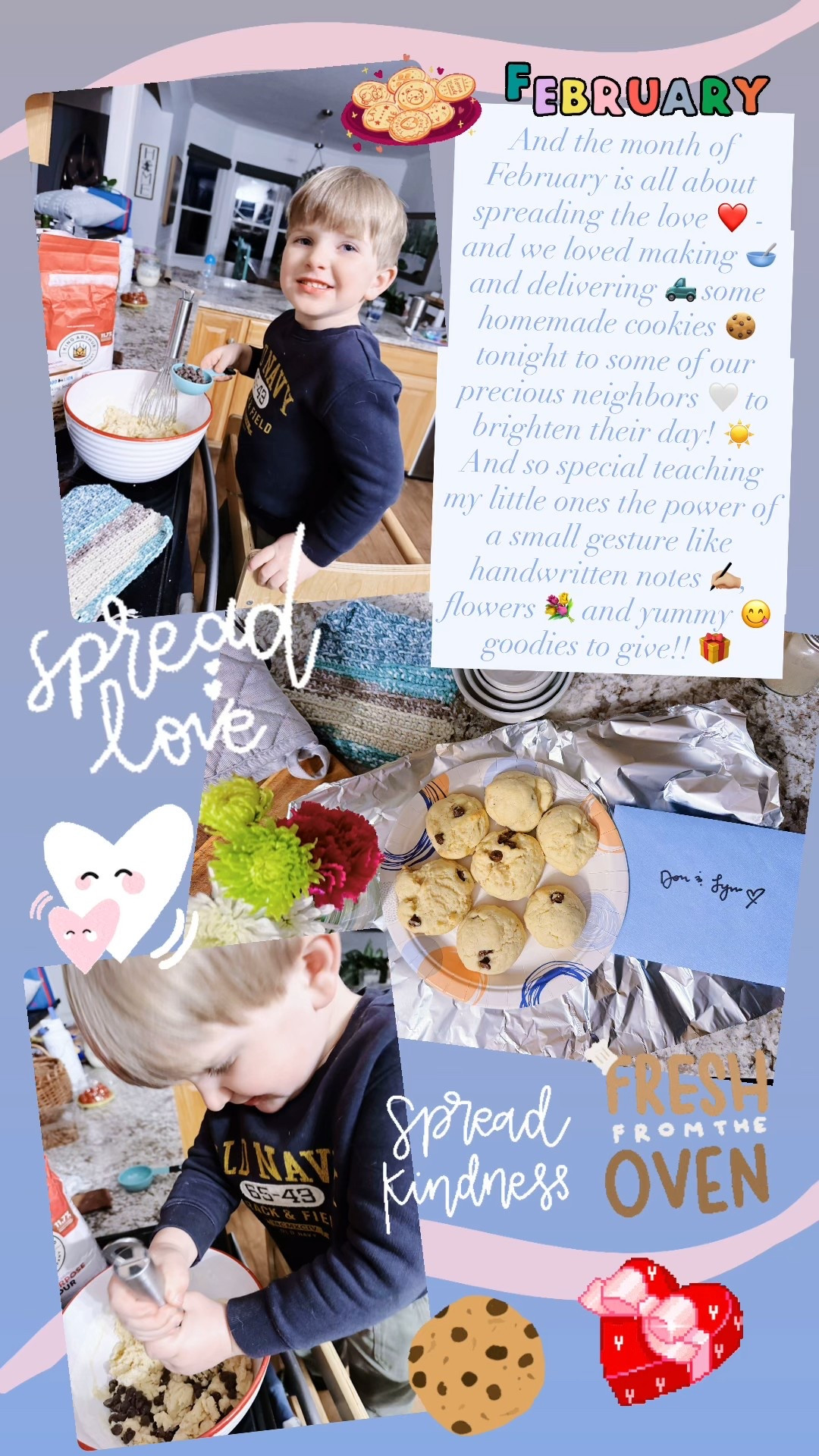And the month of February is all about spreading the love ❤️ - and we loved making 🥣 and delivering 🛻 some homemade cookies 🍪 tonight to some of our precious neighbors 🤍 to brighten their day! ☀️ And so special teaching my little ones the power of a small gesture like handwritten notes ✍🏼, flowers 💐 and yummy 😋 goodies to give!! 🎁 