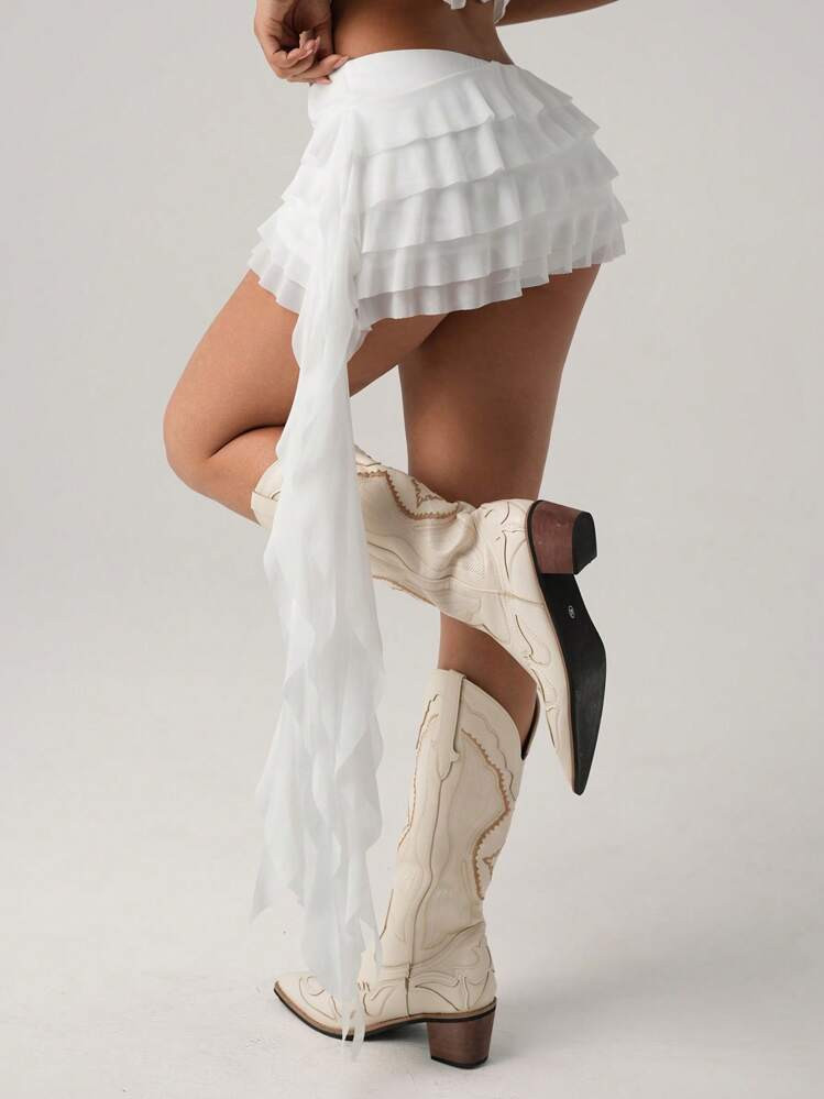 SHEIN ICON Women's Solid Color Multi-Layer Ruffle Asymmetrical Hem Mini Skirt | SHEIN