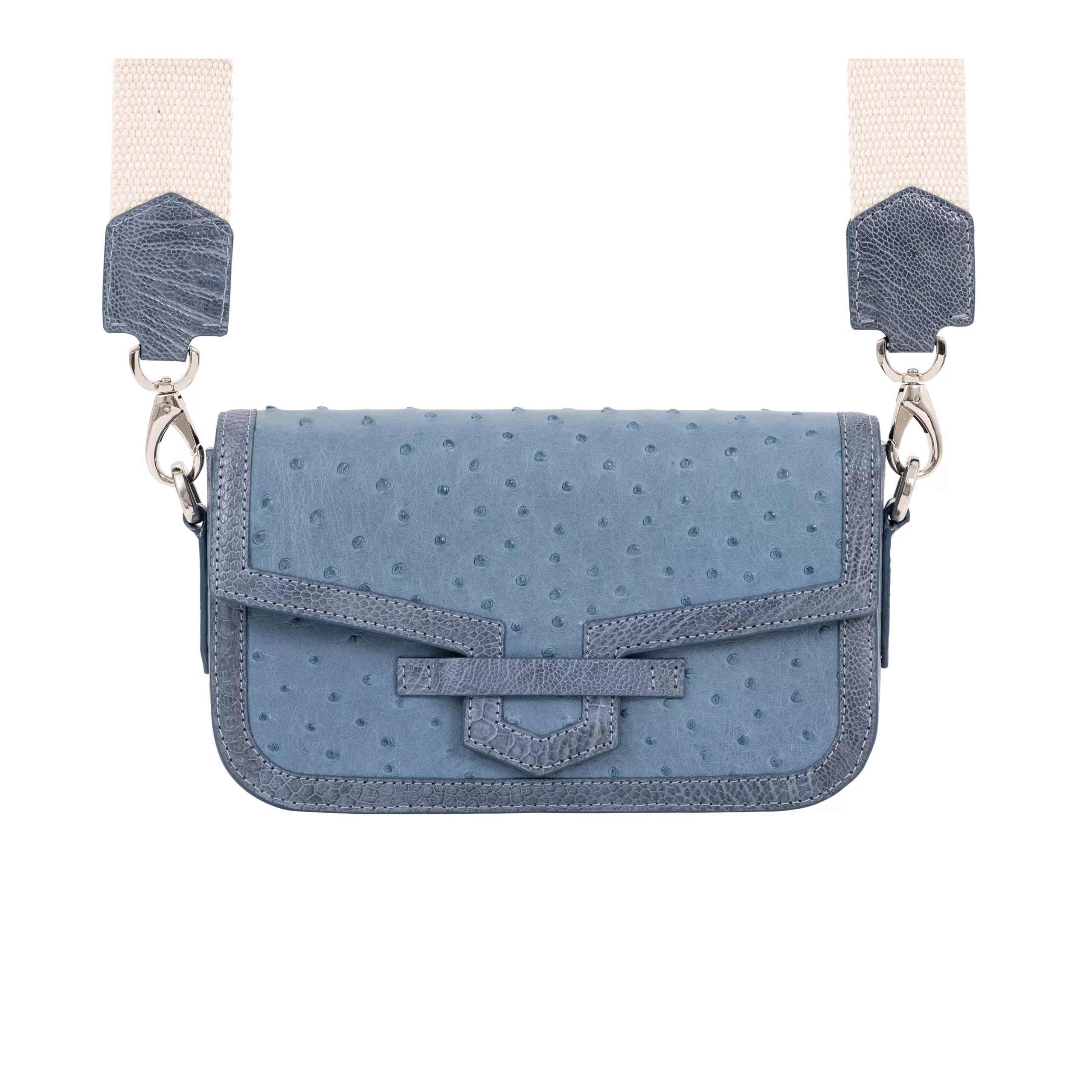 Caia Crossbody in French Blue Jean Ostrich & Clemaris Ostrich Leg Trim by Cape Cobra | Support HerStory