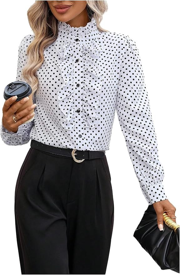 Floerns Women's Ladies Polka Dots Long Sleeve Ruffle Button Down Business Dressy Casual Office Sh... | Amazon (US)