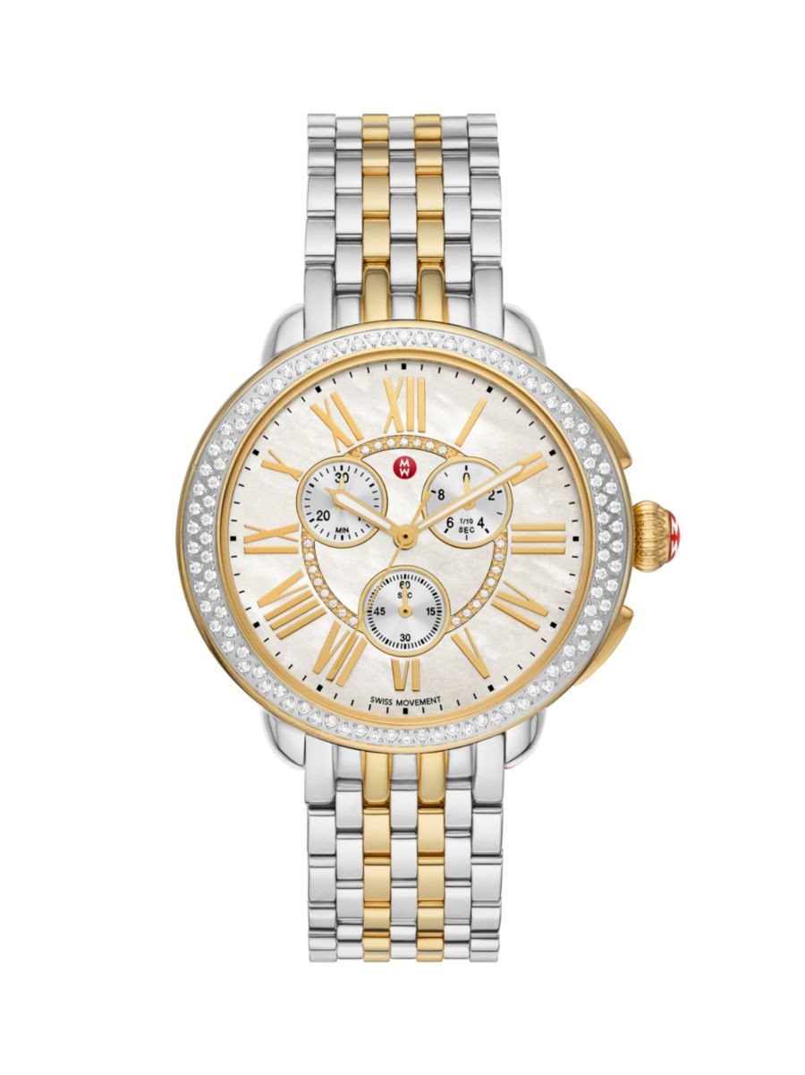 Serein Two-Tone Stainless Steel, Mother-Of-Pearl & 0.62 TCW Diamond Chronograph Watch/38MM x 40MM | Saks Fifth Avenue
