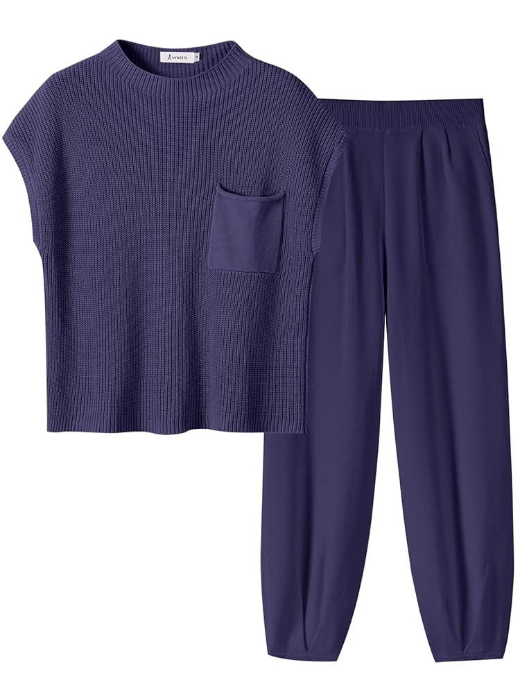 ANRABESS Women's Two Piece Outfits Knit Sweater Vest Crop Top Pants Lounge Matching Tracksuit Swe... | Amazon (US)