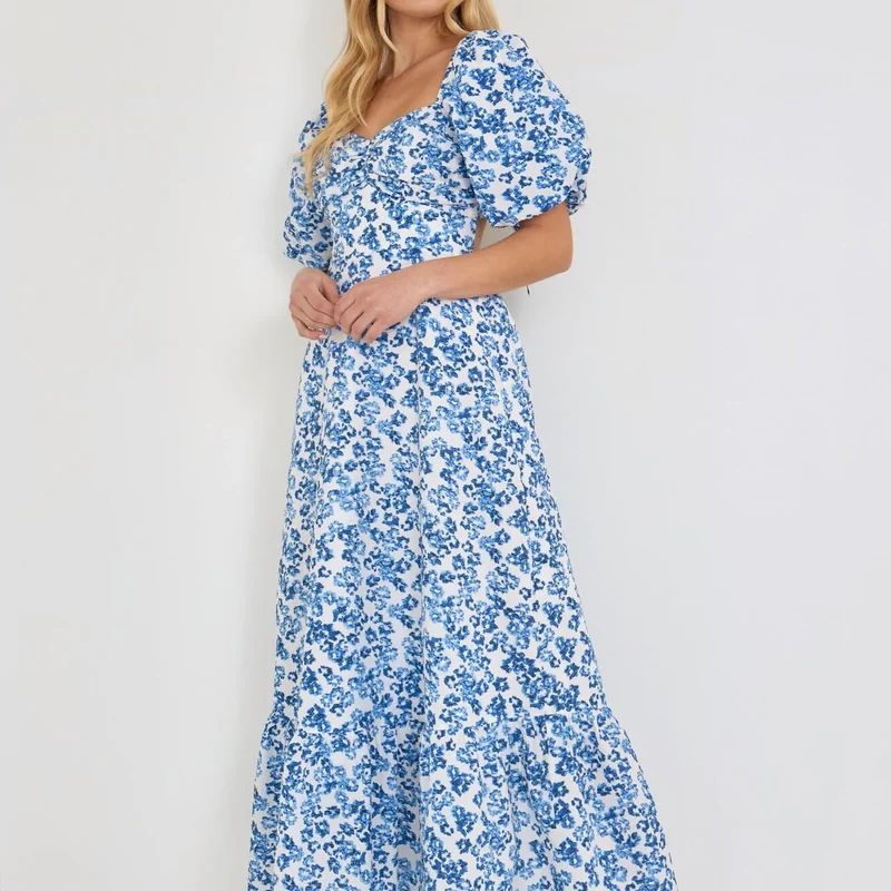 Free the Roses Floral Back Tied Maxi Dress - White/Blue - White - M | Verishop