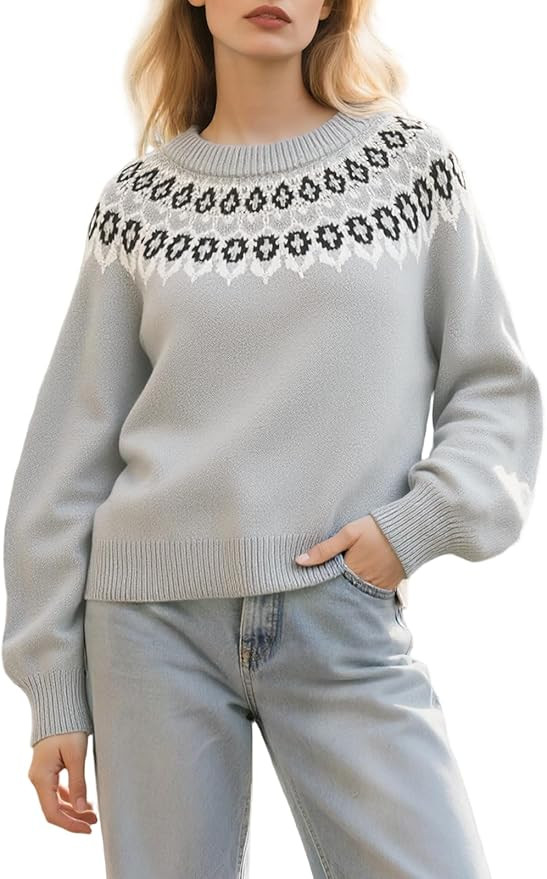 Womens Vintage Fair Isle Knit Sweater 2025 Fall Long Sleeve Crewneck Lightweight Pullover Top Swe... | Amazon (US)