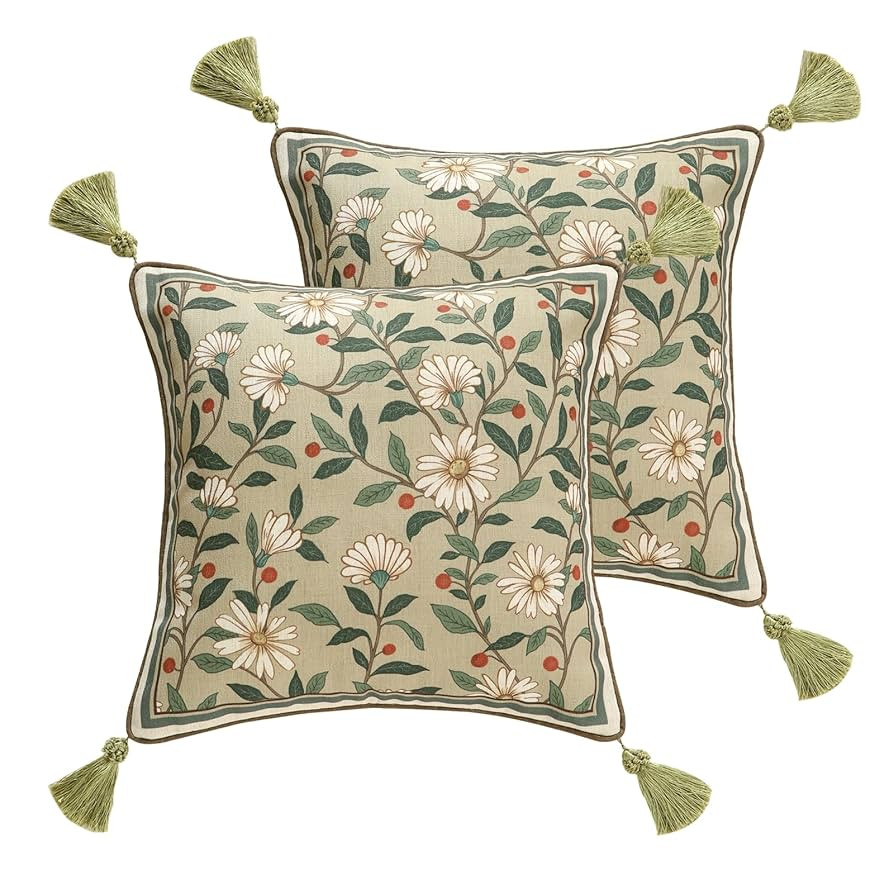 Design Square Green Floral Linen Throw Pillow Covers 18"x18" Pack of 2, White Simple Elegant Dais... | Amazon (US)