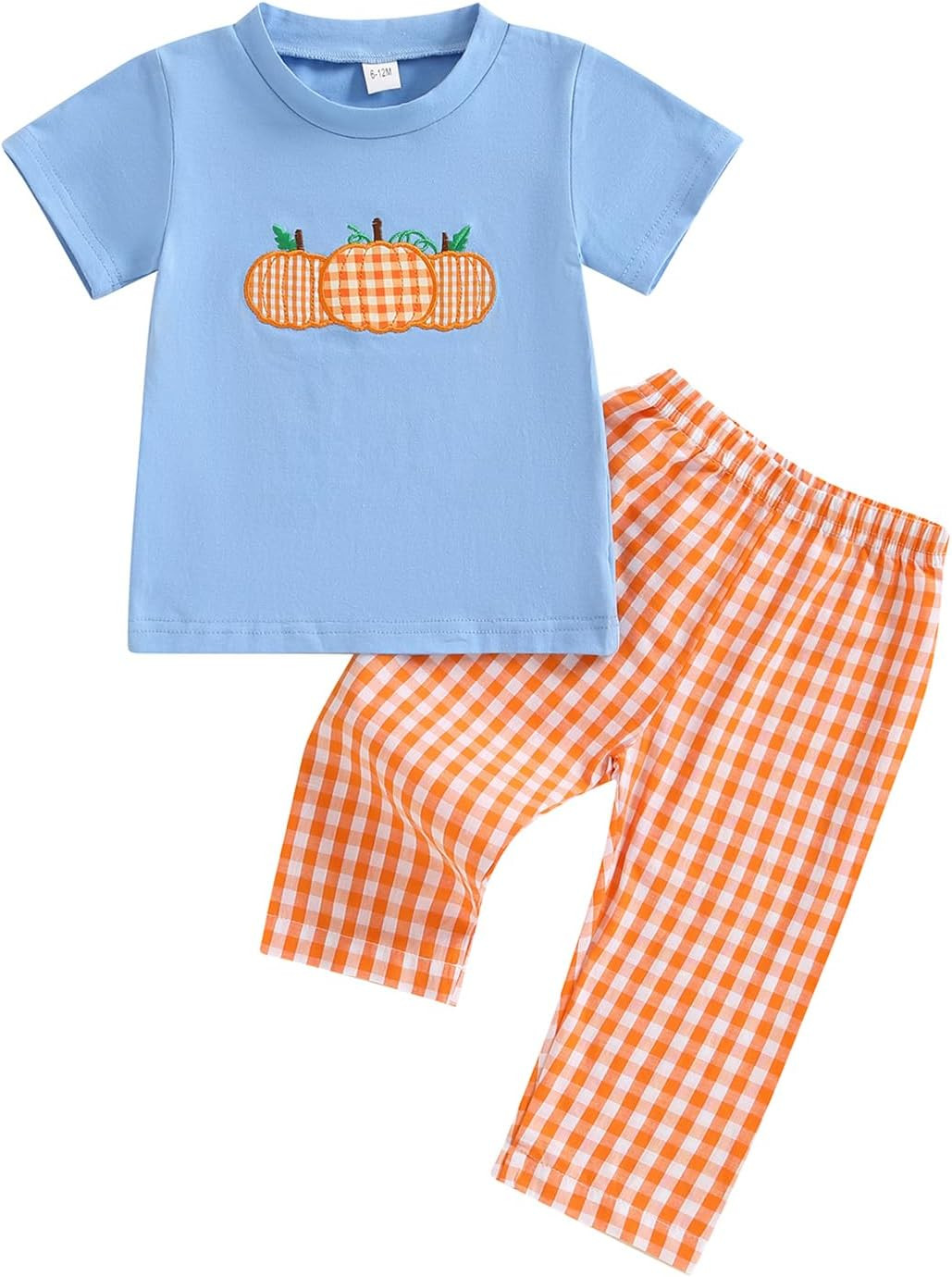 Toddler Baby Boy Halloween Outfit Pumpkin Embroidery Short Sleeve T-Shirt Long Plaid Pants Set 2Pcs Clothes | Amazon (US)