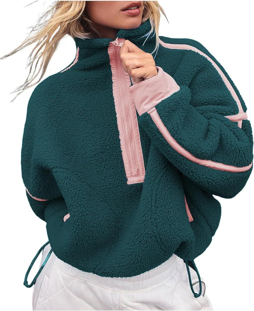 Kumufenc Women's Fleece Sweatshirts Half Zip Pullover Long Sleeve Oversized Workout Crop Tops Hoodie with Pocket | Amazon (US)