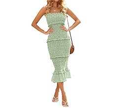 dowerme Women Summer Casual Floral Midi Smocked Bodycon Dresses Spaghetti Strap Square Neck Ruffl... | Amazon (US)