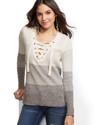 Ombre Stripe Lace-Up V-Neck Sweater | New York & Company