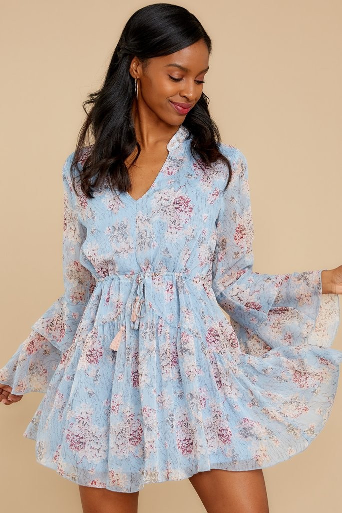 Sincerely Me Light Blue Floral Print Dress | Red Dress 