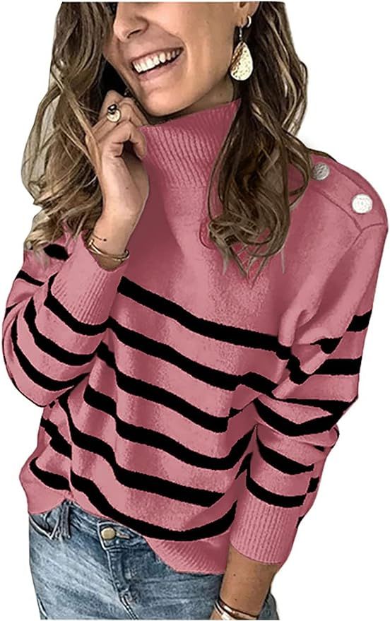 KIRUNDO Women's 2024 Fall Winter Long Sleeve Knit Sweater Turtleneck Striped Loose Pullover Tops ... | Amazon (US)