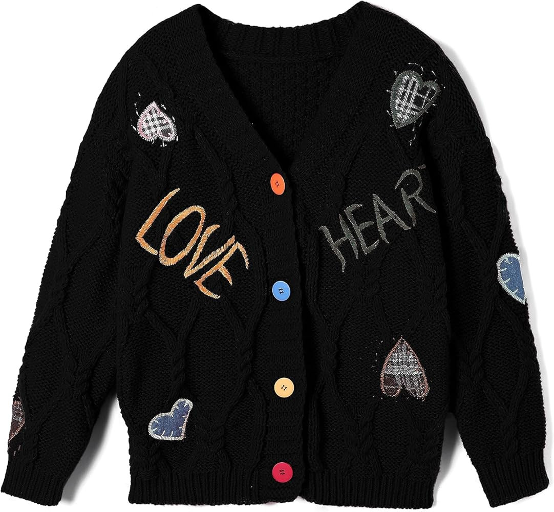 Women's Chunky Cable Knit Cardigan Open Front V-Neck Button Down Embroidery Long Sleeve Sweaters ... | Amazon (US)