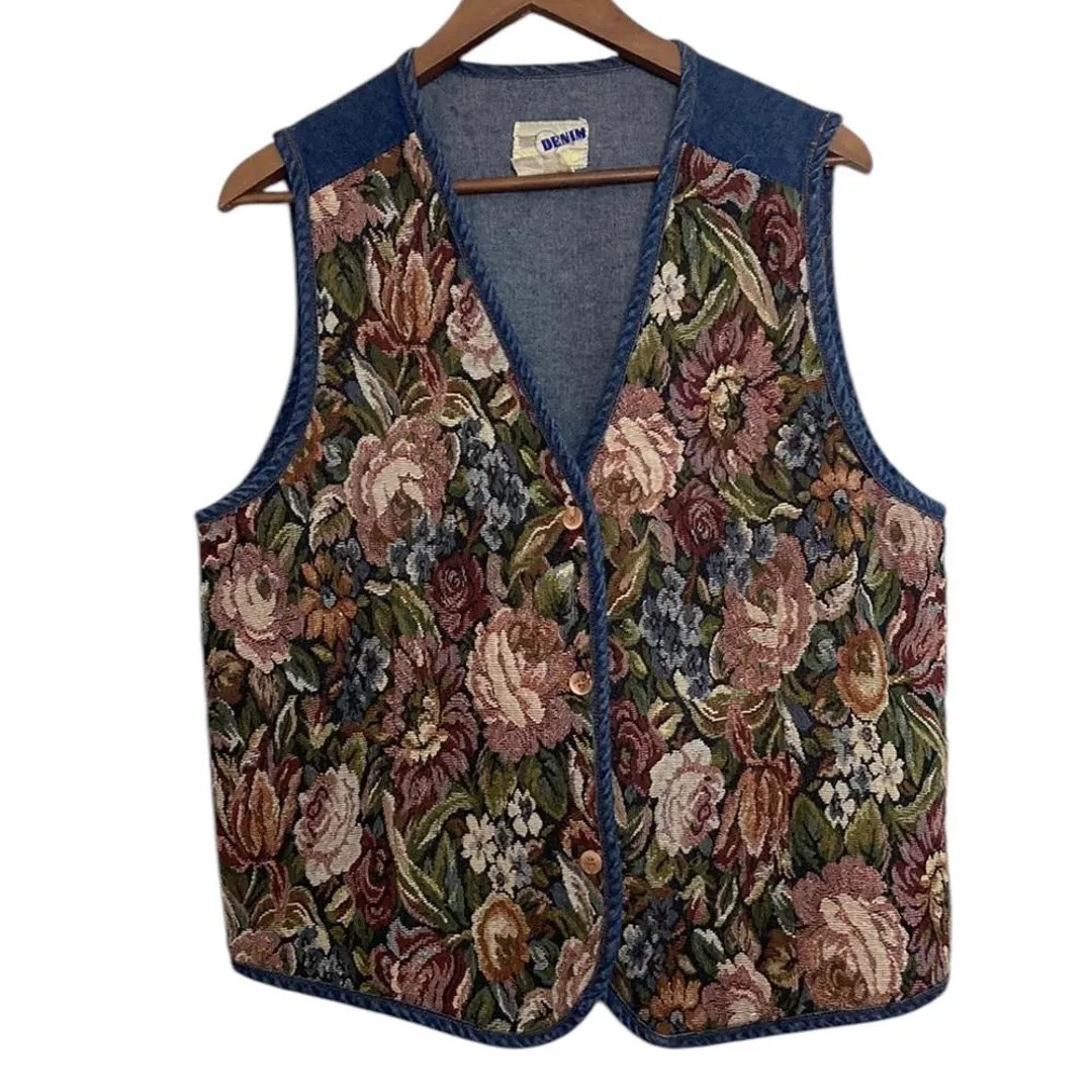 Vintage Tapestry Vest Women Large Blue Denim Pink Green Floral 90s Western Mom - Etsy | Etsy (US)