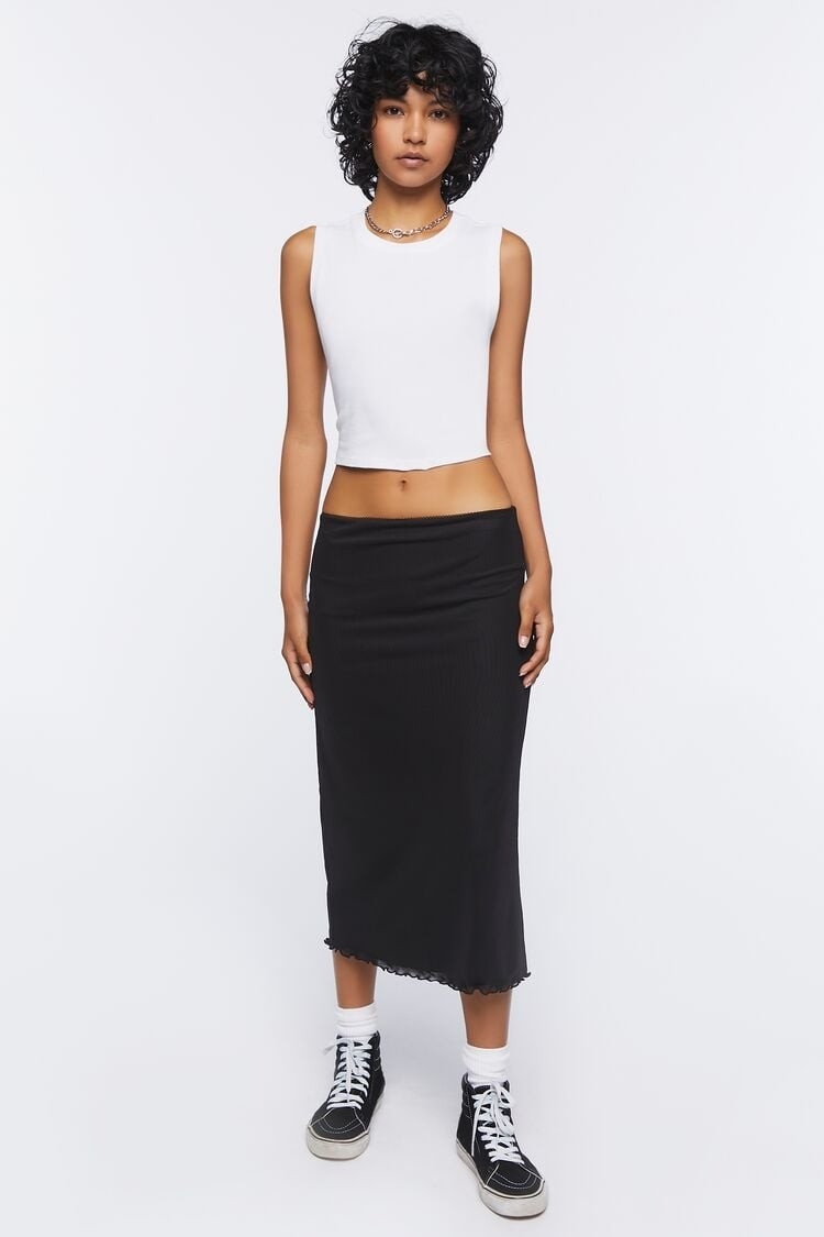 Women Lettuce-Edge Midi Skirt in Black Medium | Forever 21 (US)