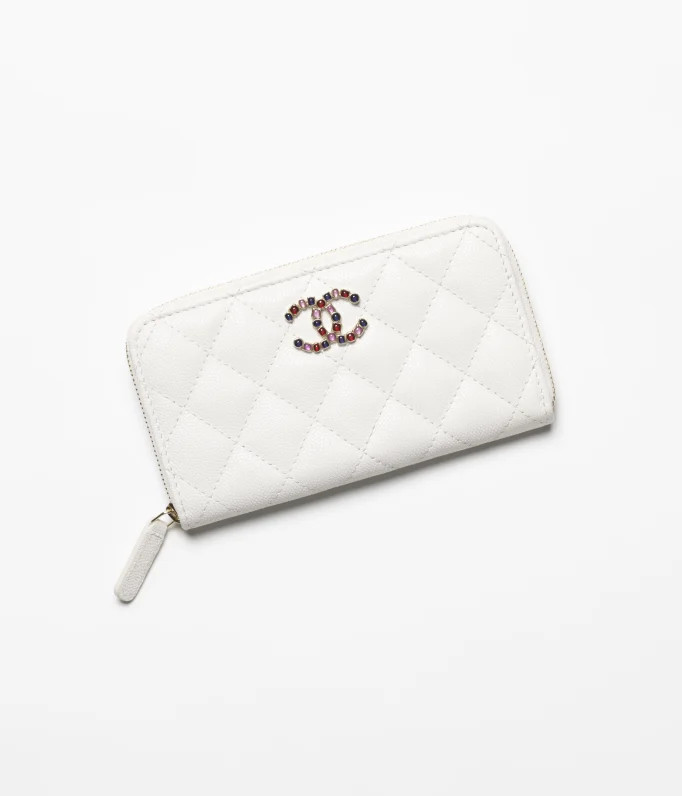 Zipped wallet - Shiny grained calfskin, enamel & gold-tone metal, white — Fashion | CHANEL | Chanel, Inc. (US)