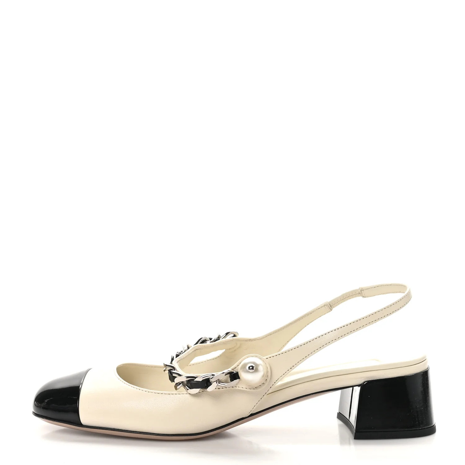 Patent Calfskin Chain Pearl Slingback Pumps 37.5 Ivory Black | FASHIONPHILE (US)