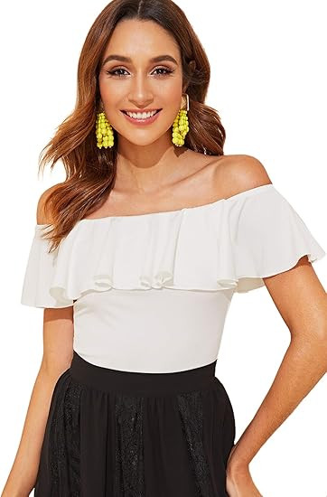 WDIRARA Women's Stretchy Off Shoulder Flounce Sleeve Sexy Slim Blouse Tops Shirt | Amazon (US)